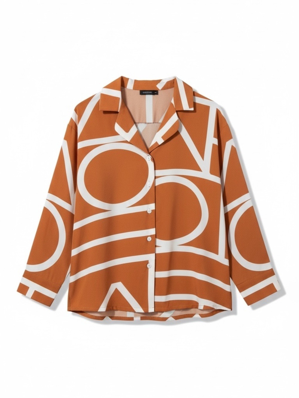 SHEIN Geometric Print Button Down Blouse Orange White Small - Picture 1 of 5